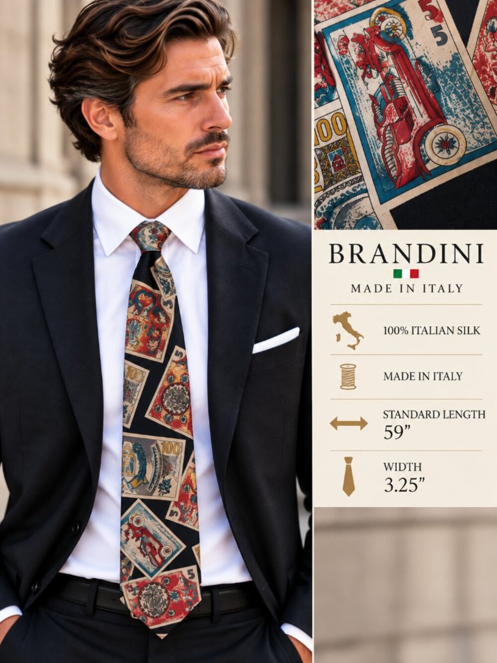 Brandini Italian Silk Tie Antique Car Money Print Black Novelty Necktie 59" Luxe